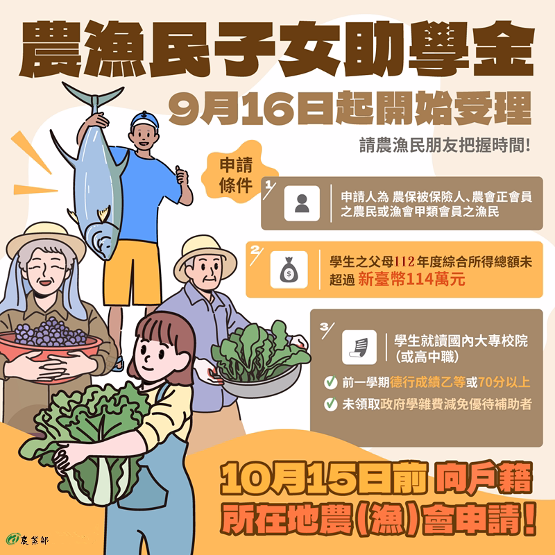 農漁民子女助學金 # 9月16日開始受理申請✏️